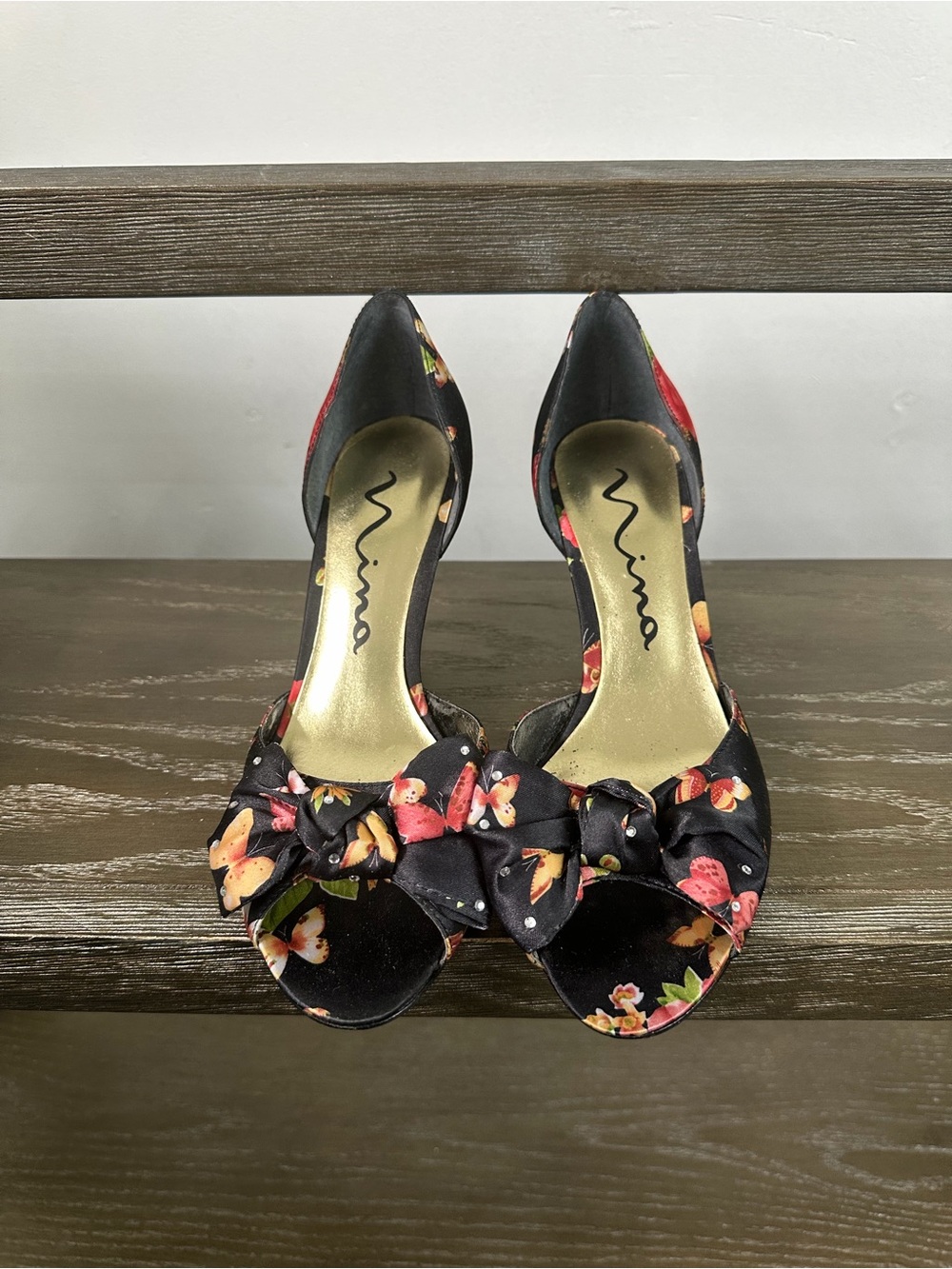 Nina Black Floral Open-Toe Knot Heels with Gold Insole
